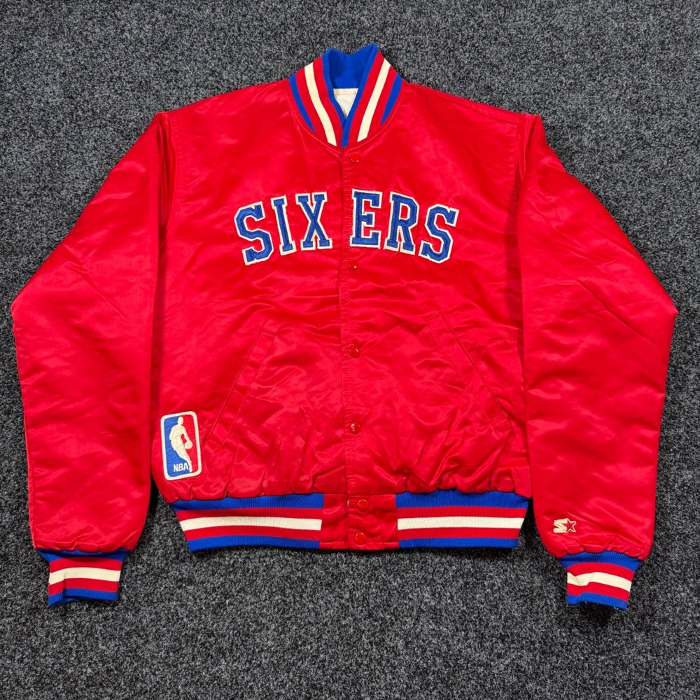Vintage 90s Philadelphia 76ers Chalk-Line Satin Bomber Jacket NBA Red L